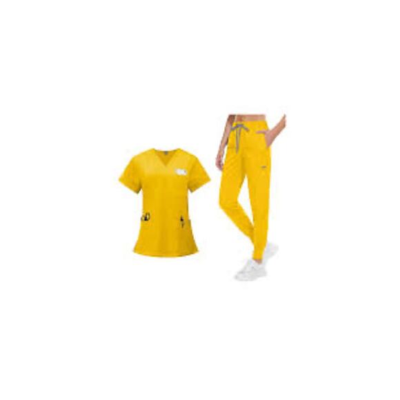 VIAOLI Scrubs for Women Set V-Neck Top 8 Pocket Jogger Scrub Pant Yellow Sz L - Picture 2 of 5